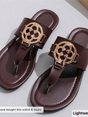 Women's Brown Leatherette Thong Sandals with Gold Emblem